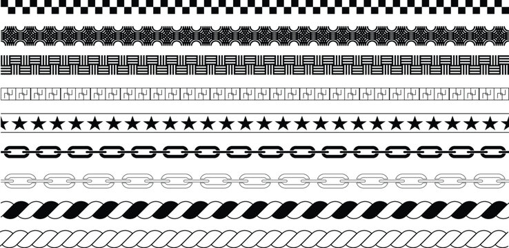 Collection of black and white border patterns on transparent background vector