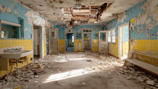 Dilapidated hospital room with peeling paint, debris, and decay