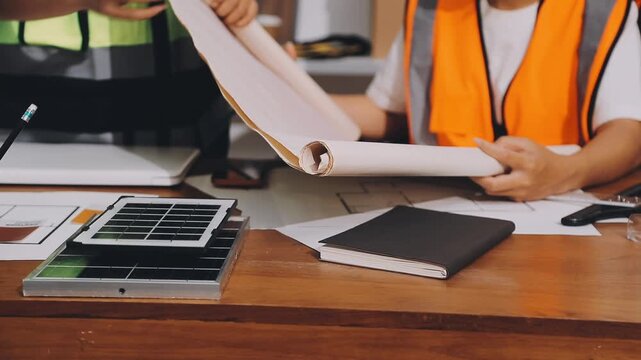 Two engineers are analyzing blueprints and working on a laptop in their office container, discussing the progress of their construction project