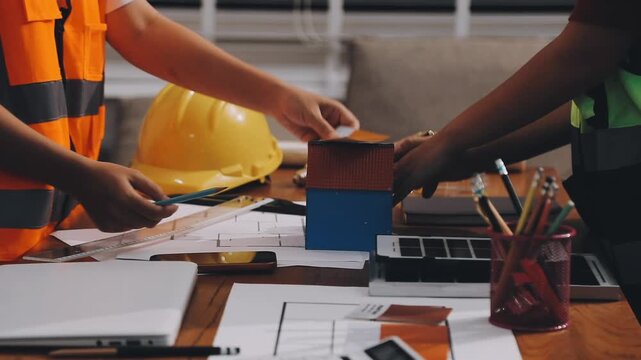 Two engineers are analyzing blueprints and working on a laptop in their office container, discussing the progress of their construction project