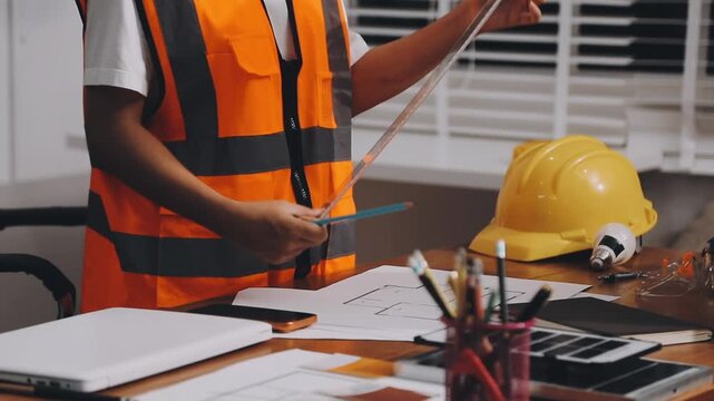Two engineers are analyzing blueprints and working on a laptop in their office container, discussing the progress of their construction project