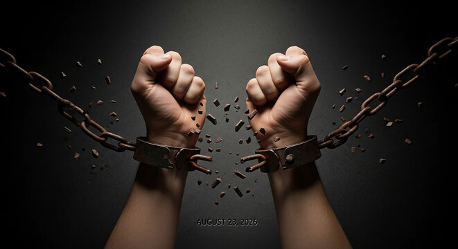 Close-up of hands breaking free from rusty chains, symbolizing liberation, strength, and overcoming obstacles, representing freedom and new beginnings