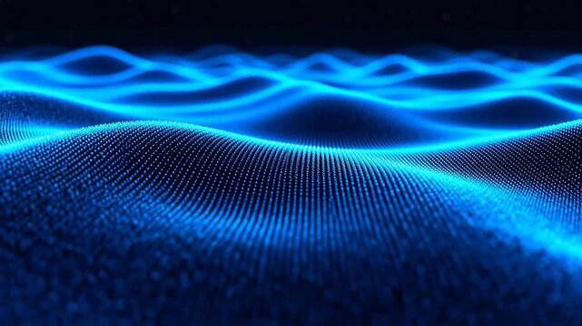 Abstract blue wavy digital landscape composed of glowing particles