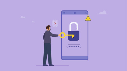Man stealing information, password, and login information. Thief hacking personal data in mobile. Cyber security, internet virus, cyber crime concept. © Saklarboy