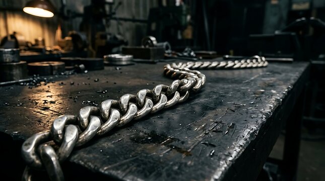 Heavy Metal Chain on a Grungy Workshop Table.