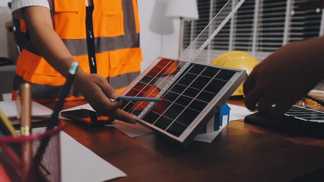Two engineers are analyzing blueprints and working on a laptop in their office container, discussing the progress of their construction project