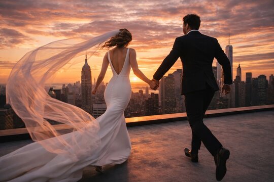 Couple eloping at sunset skyline.