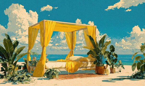 Luxurious beach canopy bed with lush plants under a bright blue sky