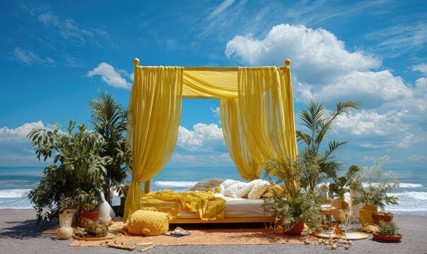 Luxurious canopy bed setup on a beach with ocean and sky backdrop