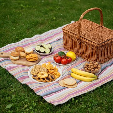 Idyllic summer gathering setup outdoors. Focus on fresh healthy snacks, colorful blanket, and traditional wicker basket on green lawn ,wicker ,gathering ,summer