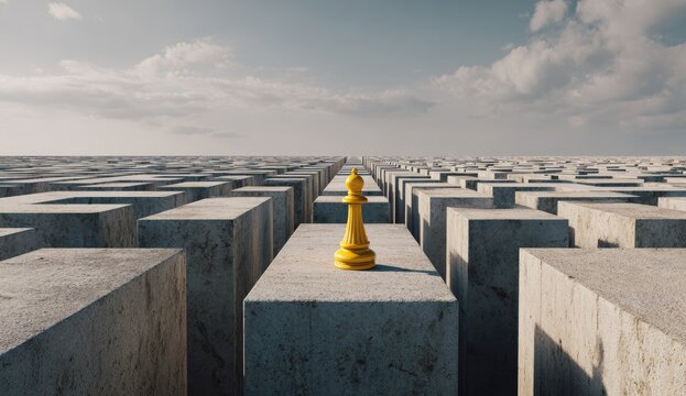 Golden chess piece stands alone in a vast, endless maze of concrete blocks