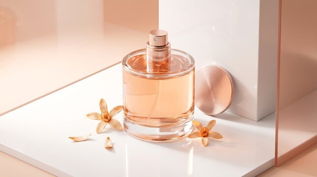 Still life of a perfume bottle with starflowers on a white surface with warm lighting and a soft peach color palette.