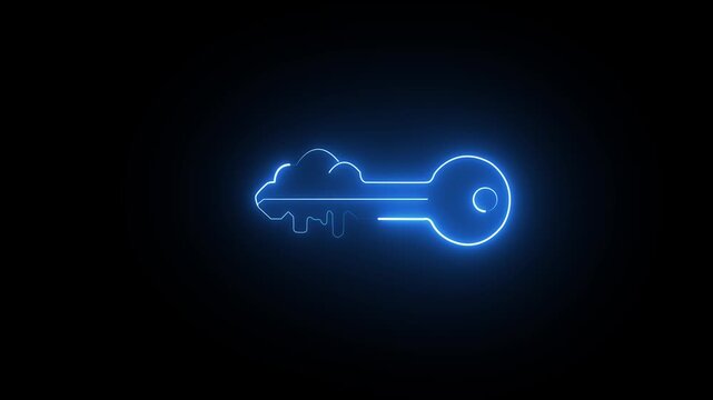 Glowing Neon Blue Cloud Key Icon, Concept of Cloud Security, Data Encryption, and Online Access Authentication Animation
