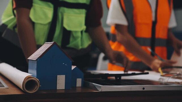 Two engineers are analyzing blueprints and working on a laptop in their office container, discussing the progress of their construction project