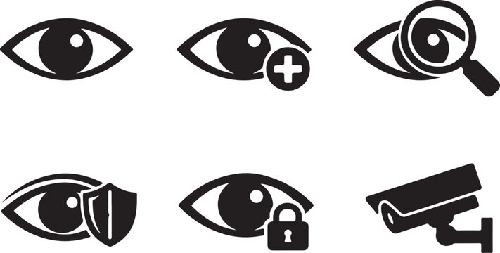 Vision and eye care symbol collection with privacy monitoring and viewing vector icons set