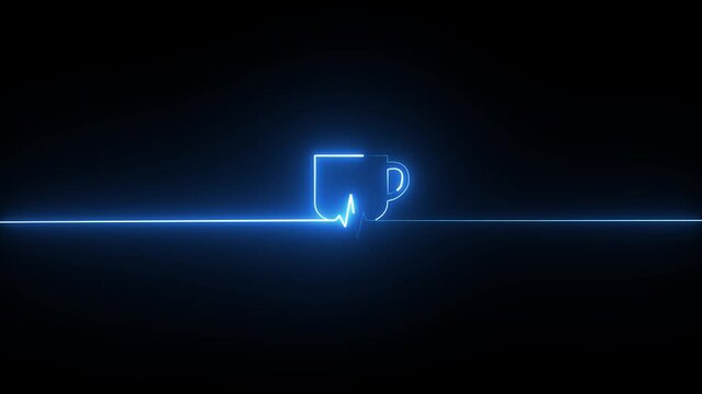 Blue Neon Coffee Mug Animation with Heartbeat Pulse Line, Concept of Morning Energy, Coffee Lover, Cafe and Coffee Addiction