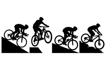 Obraz premium Silhouettes of cyclists performing mountain biking stunts on different terrains.