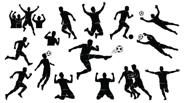 Silhouette collection of soccer players showing various athletic poses and victory celebrations in this sports image