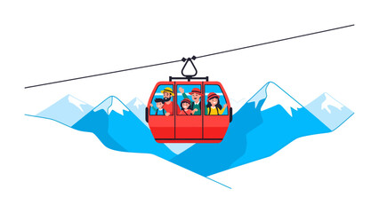 Cable Car Ride Above Snowy Peaks: A cheerful red cable car, filled with smiling passengers, glides smoothly through a winter wonderland, suspended high above majestic snow-capped mountains. © abidakhatun