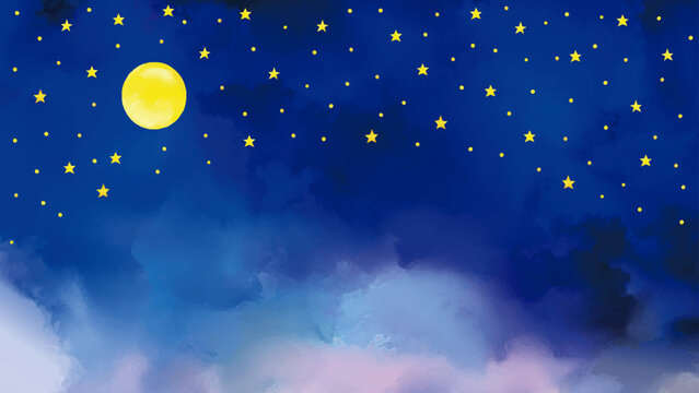 水彩風 かわいい星空と満月(16:9) Night view Series:Watercolor-style cute starry sky and full moon