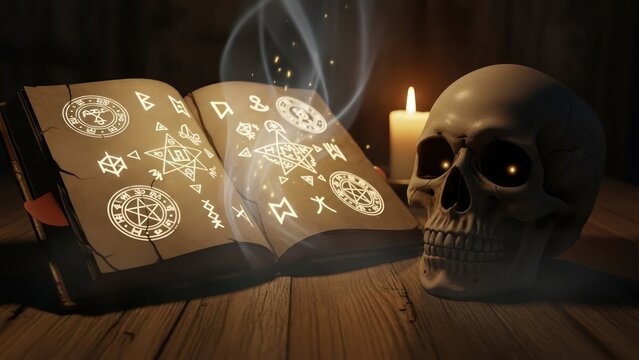 Mystical Grimoire and Skull on a Wooden Table with Enchanting Glow and Candlelight creates an