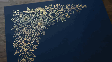 Elegant gold floral corner frame on dark blue background, luxury botanical illustration with roses and eucalyptus leaves © S.Siam
