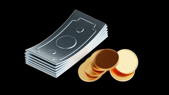 orbiting stack of stylized bills with gold coins on transparent background finance money currency