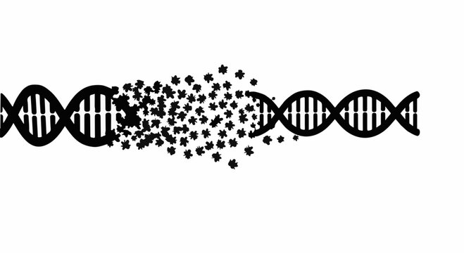 Abstract representation of a disintegrating DNA strand, symbolizing genetic mutation or breakdown.