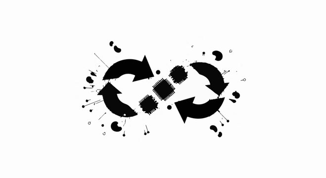 Abstract black ink infinity symbol with dynamic arrows and splatters on white