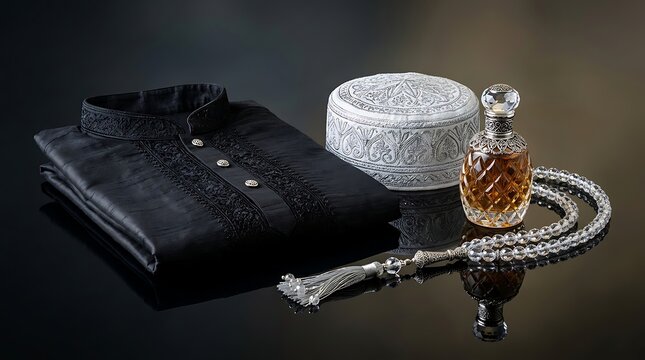 Elegant Black Traditional Attar Set with Embroidered Cap and Perfume