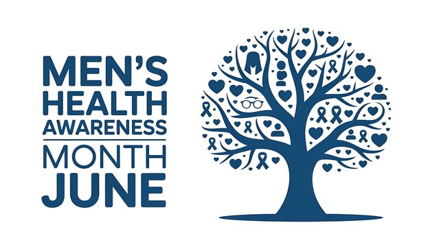 Men's health awareness month june blue tree of life illustration with symbols of men's issues ribbons glasses and body outlines.