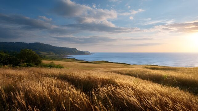 A stunning coastal landscape featuring rolling hills meeting the ocean under a dramatic sunset sky