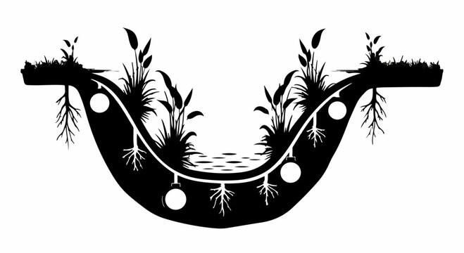 Cross-section illustration of a bio-swale with plants and water