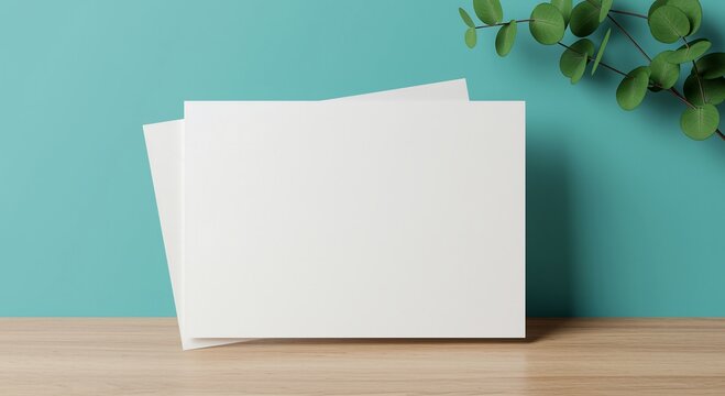 Two blank white paper sheets stacked on a wooden surface with green plant leaves against a teal background