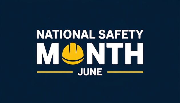 National safety month june logo with hard hat and text on dark blue background.
