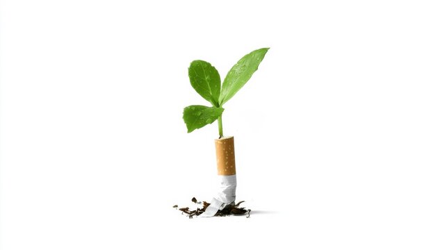 No Tobacco Day 2026 Green plant sprouting from a cigarette butt, symbolizing growth, renewal, and environmental recovery from smoking waste.