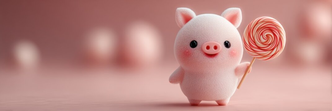Cute cartoon pig character holding a colorful swirl candy on pink background