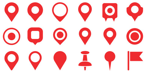 Fototapeta premium Location Pin Icons Set with Modern Map Markers, Place Pointer Symbols and GPS Navigation Pins Isolated on White Background