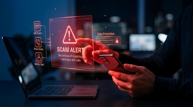 Hands holding smartphone and interacting with holographic scam alert interface warning about SMS, phone scams, and identity theft risks on laptop.