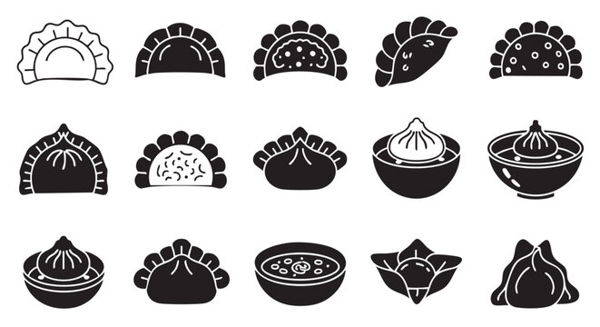Black and white dumpling and bread icon set