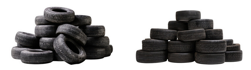 Obraz premium Two stacks of worn black rubber car tires isolated on with transportation isolated on transparent background