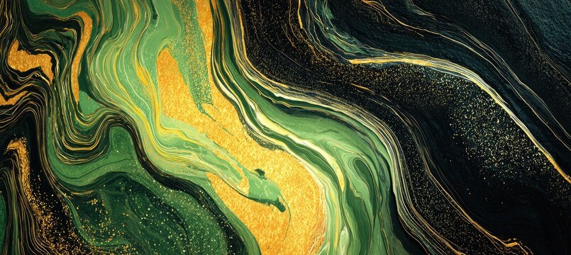 Swirling emerald and gold abstract fluid art with deep black accents
