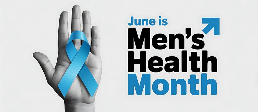 June is mens health month promotional poster featuring blue ribbon held by human palm for cancer screening awareness and global wellness support on neutral backdrop.