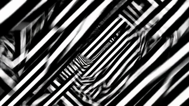 mesmerizing abstract video of high-contrast black and white diagonal stripes shifting, forming dynamic grids with a slow zoom-in, profound optical illusion, concept of visual perception