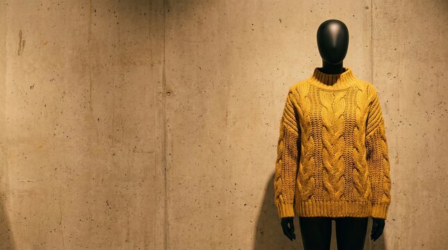 Black mannequin wearing yellow cable knit sweater against concrete wall background.