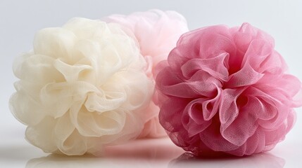 Fototapeta premium New shower puffs sit on a white surface.