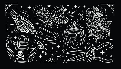 Spooky gardening collection with skeleton hand and venus flytrap in white line art style © 777SKYLABS