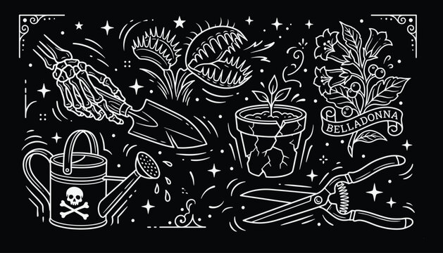Spooky gardening collection with skeleton hand and venus flytrap in white line art style