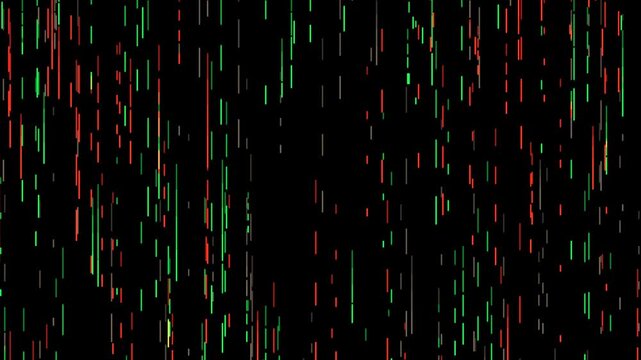 Multi colored pixelated light particles falling down animation on black background