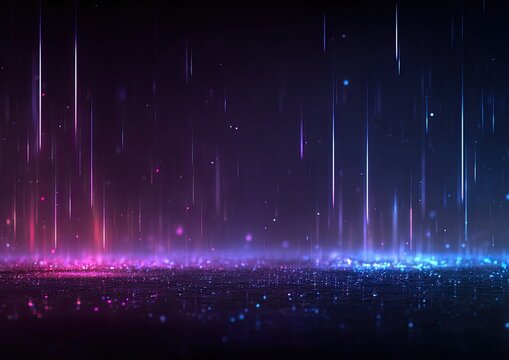 Dark abstract background with falling digital light streaks and shimmering particles